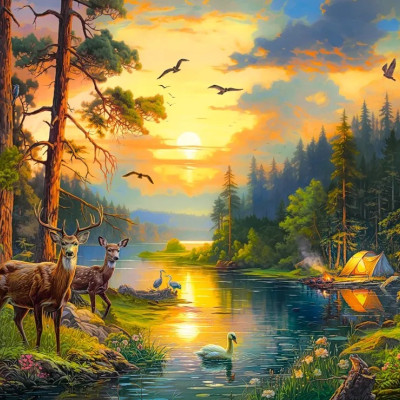 Naplemente egy erdei folyó felett